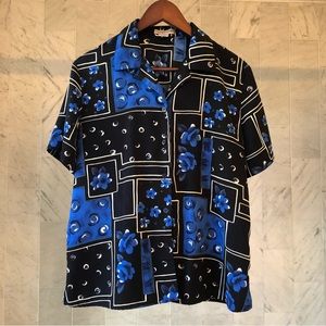 Y2k Notations Blue Black Floral calico patchwork button up shirt blouse Large